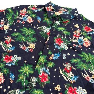 Free Planet Men Surfing Santa Hawaiian Shirt Navy Blue Tropical Christmas Medium